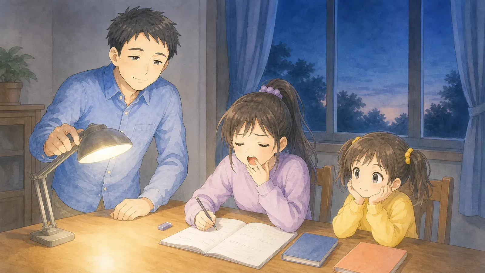 夜明け前の薄暗いダイニングで、あくびをしながらノートに向かう上の娘と、電気スタンドをつける父親。横には頬杖をつく下の娘