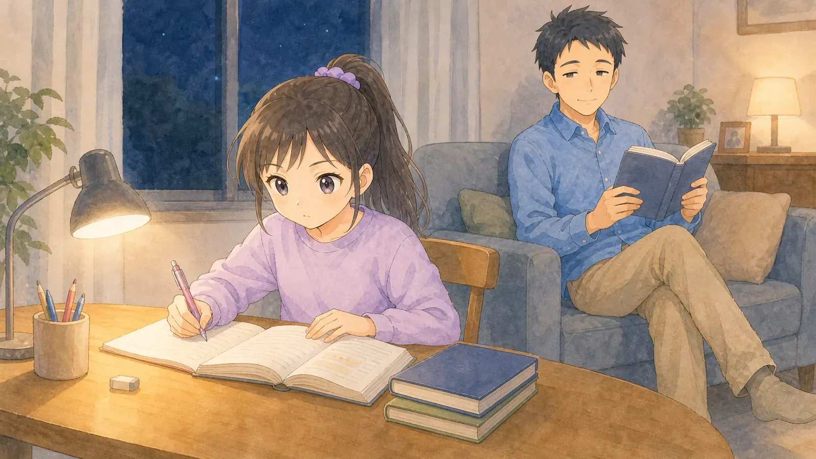 夜のリビングで、テーブルで勉強する上の娘と、少し離れたソファで本を読みながら様子を見ている父親