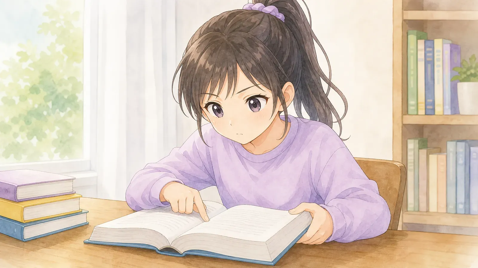 厚い教材のページを人差し指でなぞりながら読む上の娘