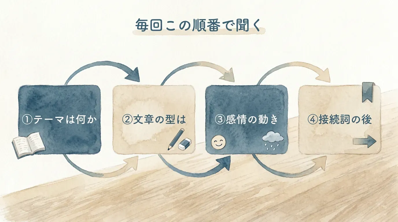 毎回この順番で聞く。①テーマは何か ②文章の型は ③感情の動き ④接続詞の後