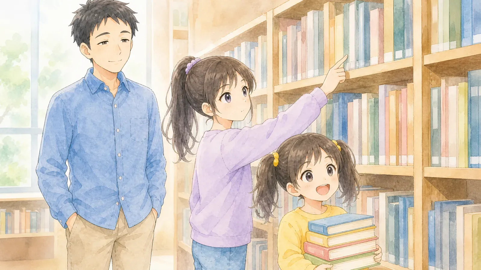 図書館の書架の前で本を選ぶ娘2人と、後ろで見ている父親