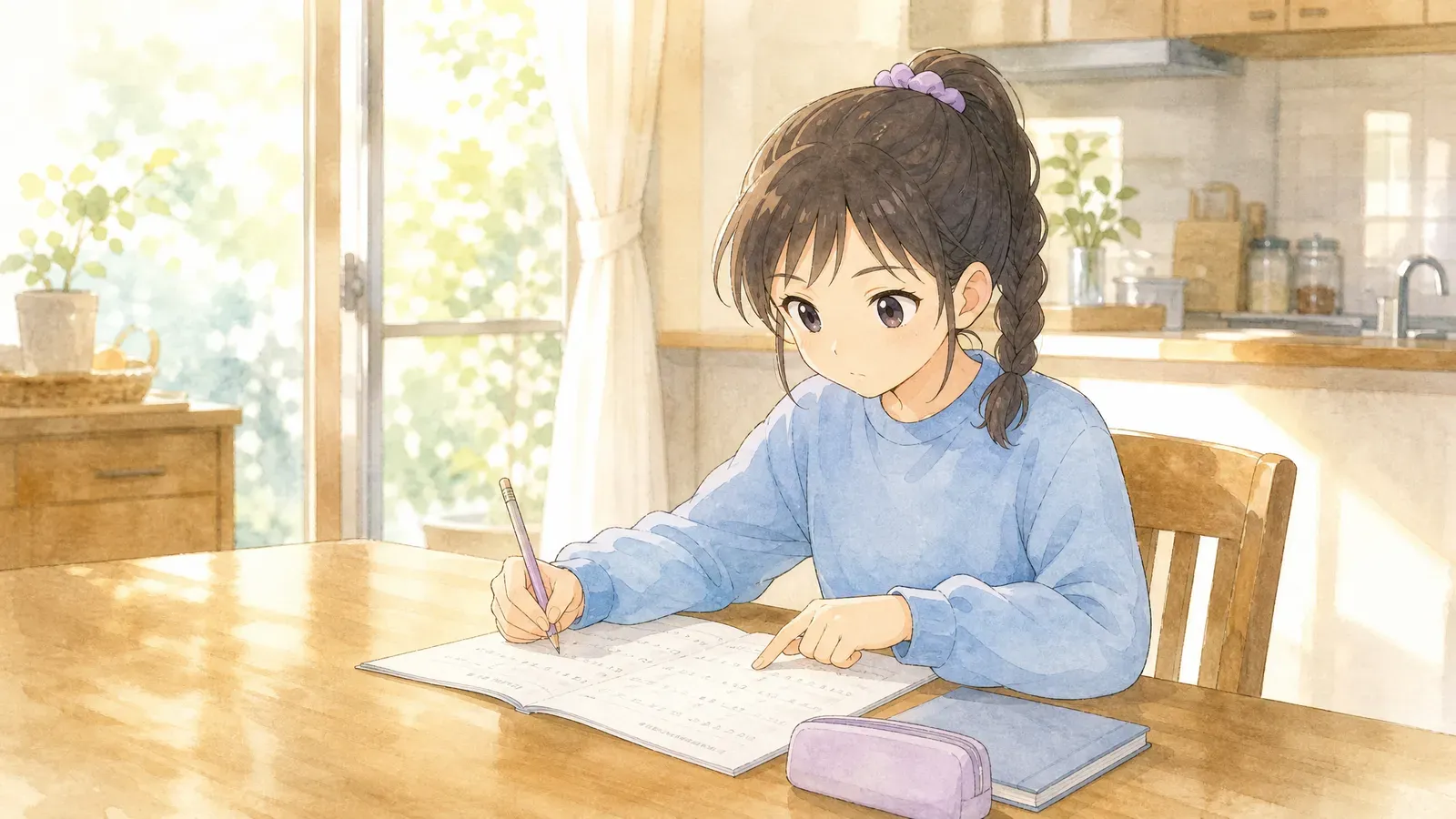 朝の光の入るテーブルで、プリントを指で追いながら鉛筆で解く三つ編みの上の娘