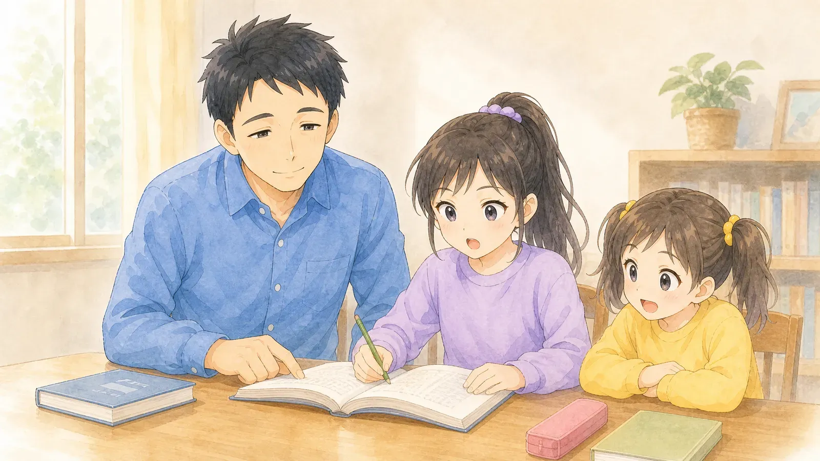 国語の文章を声に出して読む上の娘と、隣で同じ文章を目で追う父親。横で見ている下の娘