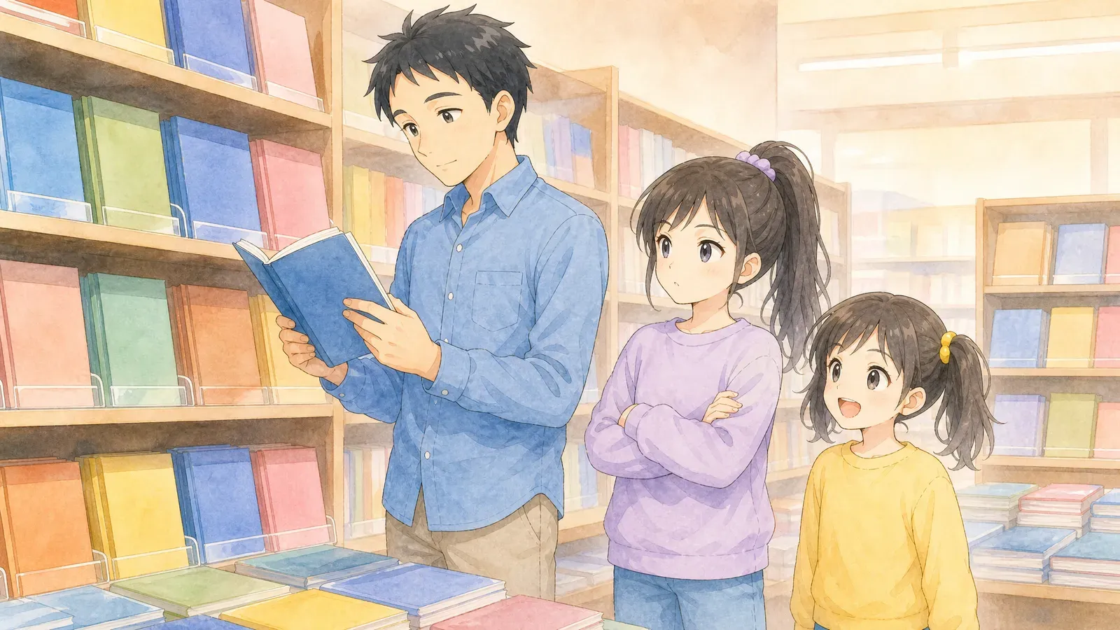 本屋の参考書コーナーで1冊を手に取って選んでいる父親と、横で待つ娘2人