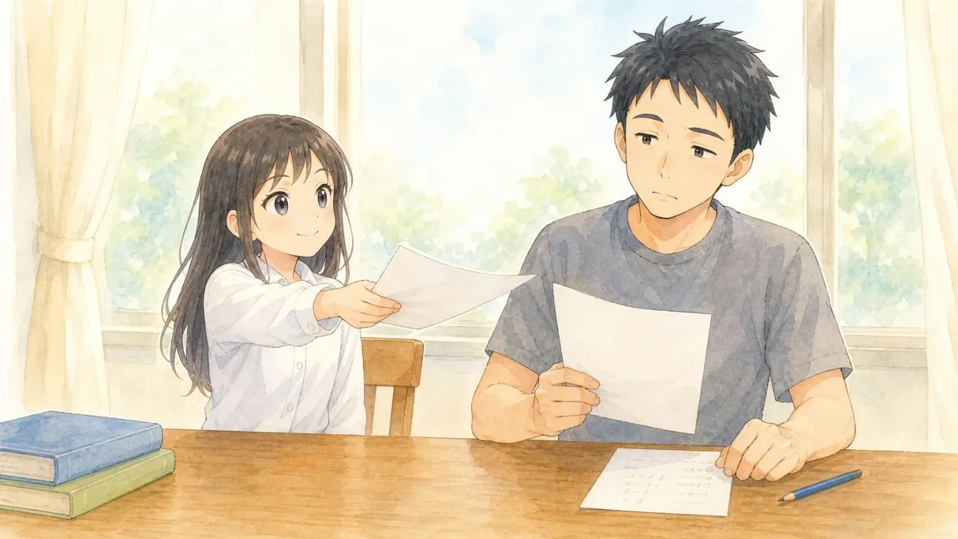 答案の紙を差し出して笑う上の娘と、受け取った紙と机の筆算のメモを見比べて首をかしげる父親