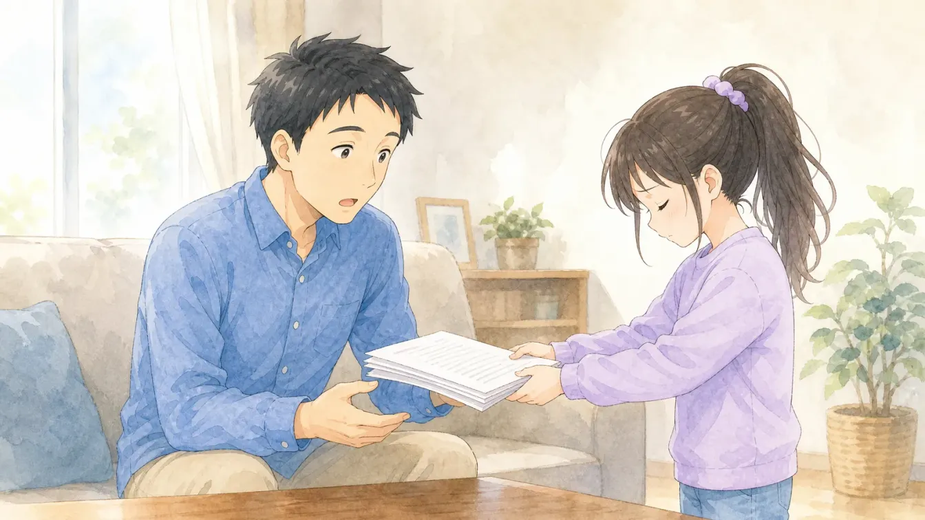 小テストの紙の束を両手で差し出して目を伏せる上の娘と、驚いた顔で受け取る父親