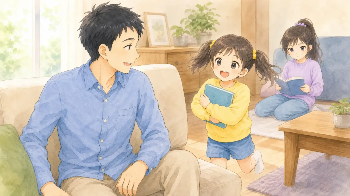 本を抱えてソファの父親のところへ駆け寄る下の娘。奥で本を読む上の娘