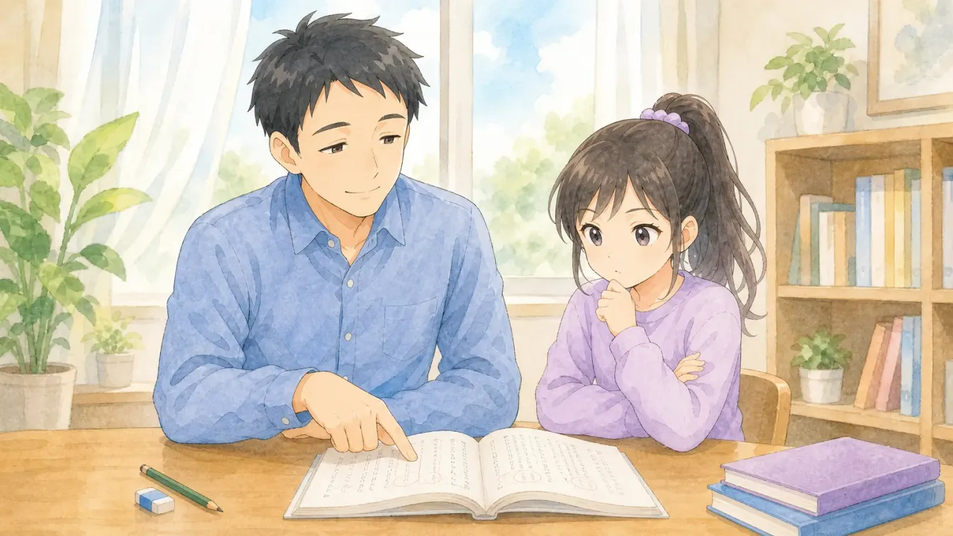丸や線の入った国語の文章を指さして質問する父親と、隣で腕を組んで考える上の娘