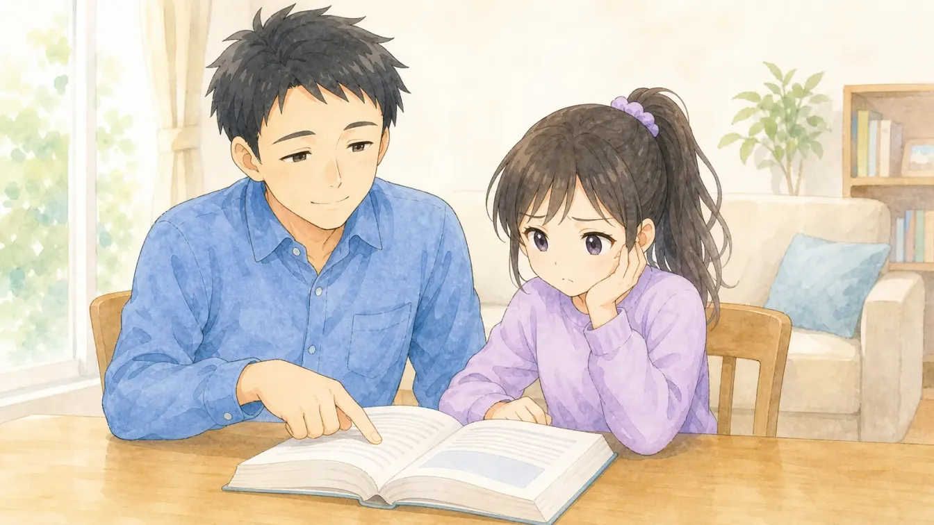 厚い教材を前に困った顔をする上の娘と、隣で文章を指さす父親