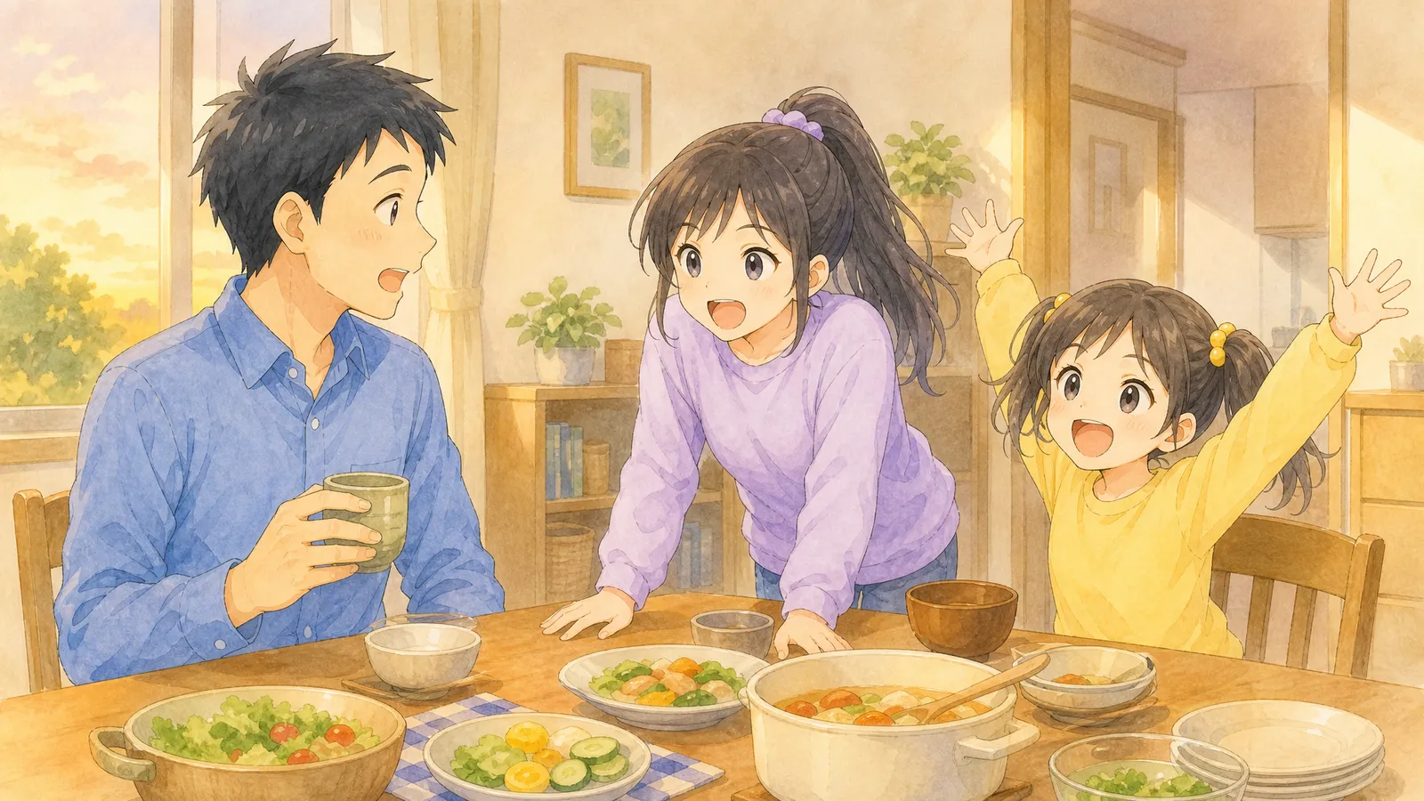 夕食の支度中のダイニングテーブルで、身を乗り出す上の娘と両手を上げてはしゃぐ下の娘、湯のみを持って驚いた顔の父親